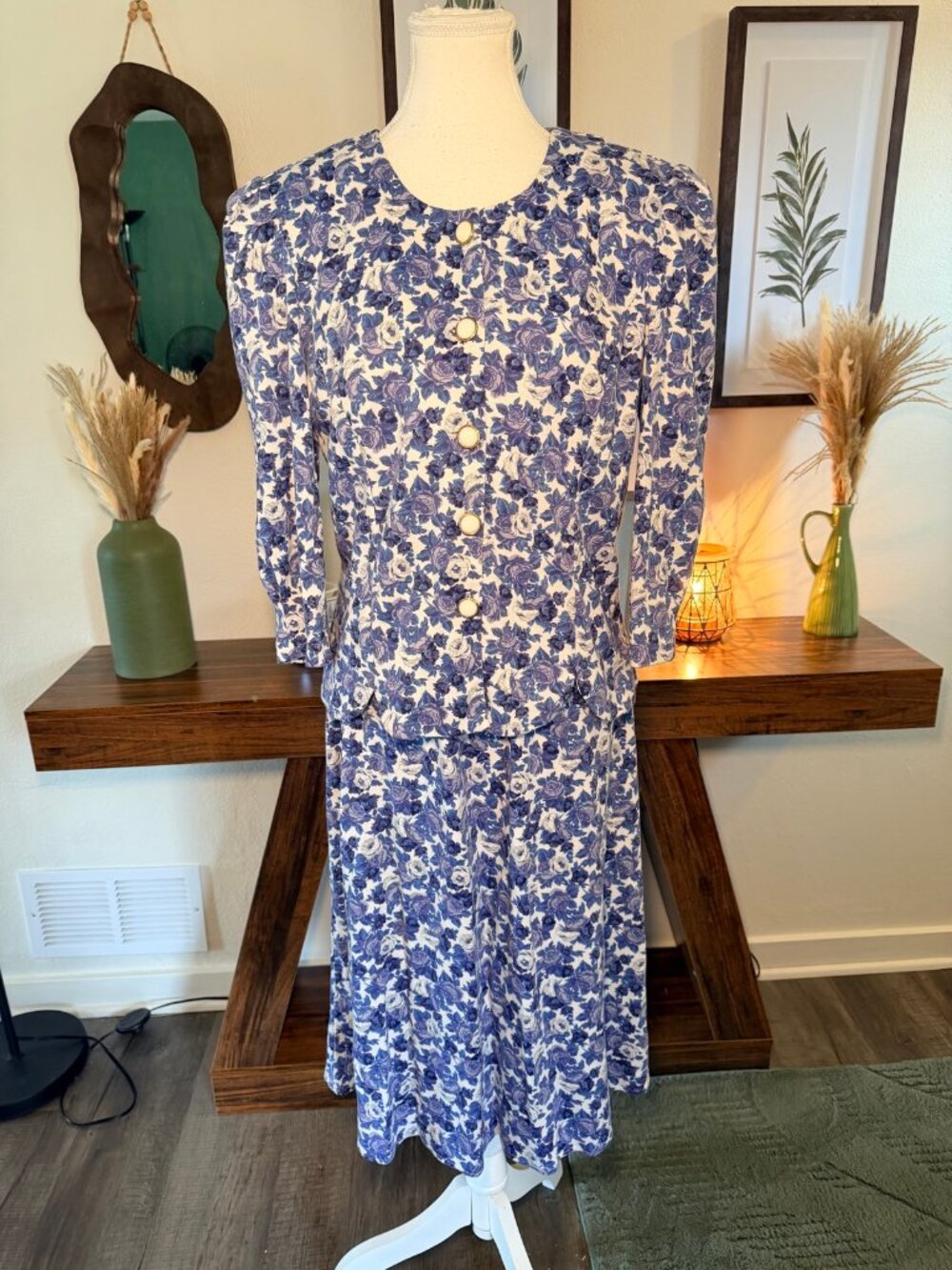 Vintage Floral Skirt Set Blazer Matching Cottagecore Midi Set Size 12